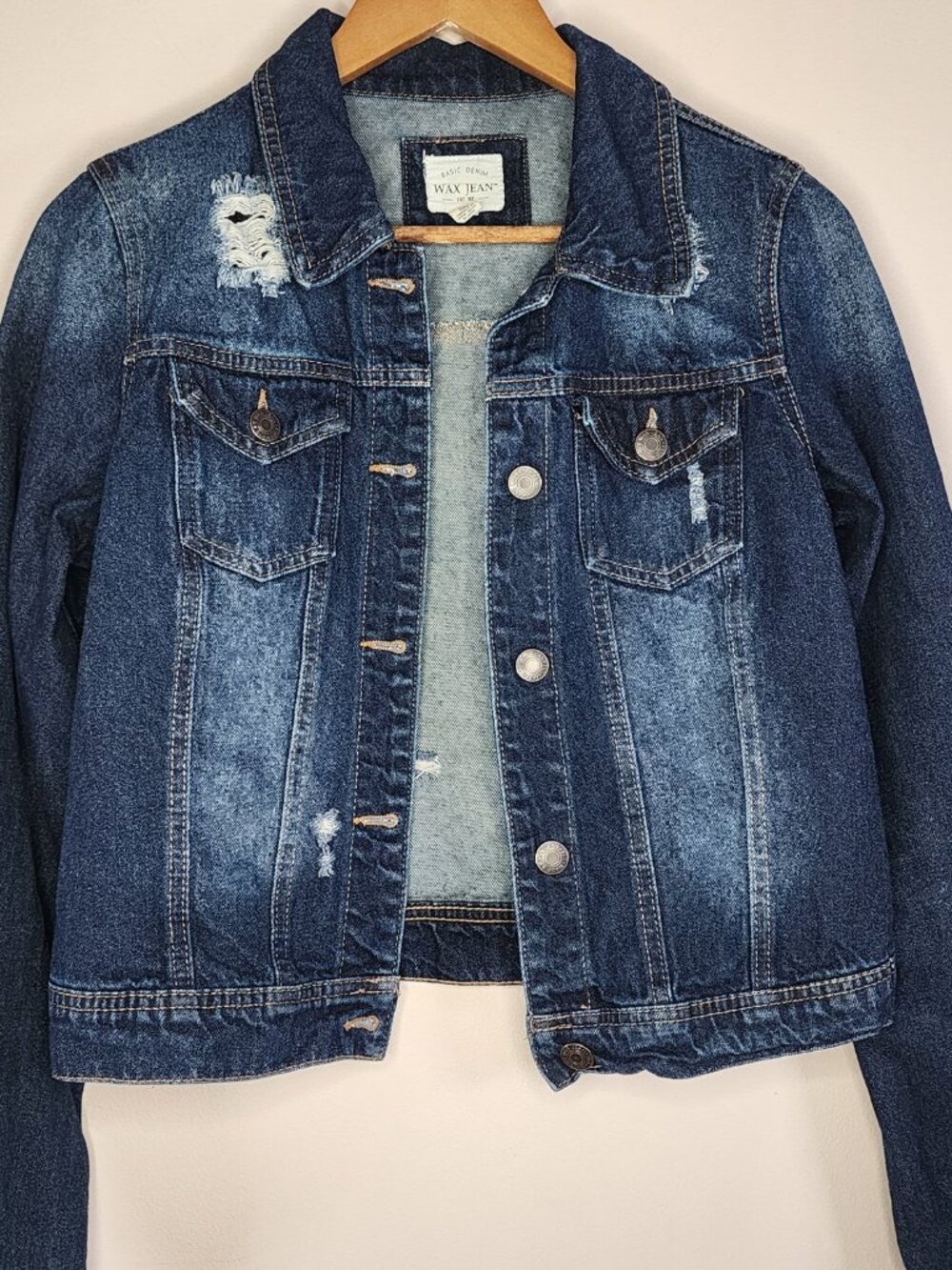 Wax Jean Distressed Denim Jacket - Medium Blue, Size M | Cropped Jean Jacket